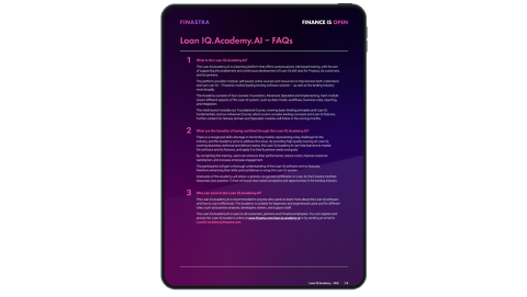 Image of tablet with cover slide for the "Loan IQ.Academy.AI FAQs" infographic